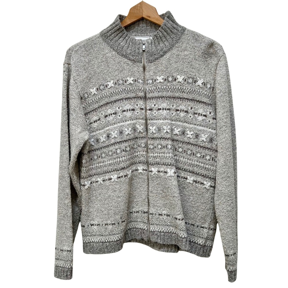 VTG Liz Claiborne Grey Fair Isle Full Zip Cardigan L Mock Neck Cottage Grandma